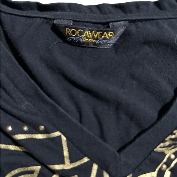 Vintage Womens Roca Wear Y2K Top Bedazzled Black Gold Shirt Sz L - Picture 4 of 4